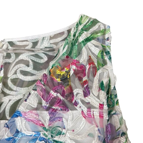 Tahari ASL Tropical Applique Mesh Sheer Cocktail Dress White Multicolor Size 14W - Picture 4 of 8